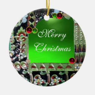 BLACK RED GREEN ART NOUVEAU GEMSTONE MONOGRAM CERAMIC ORNAMENT