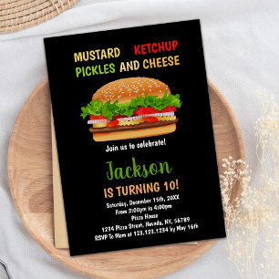 Black Red Green Burger Birthday Invitations