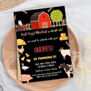 Black Red Green Farm Animals Birthday Invitations