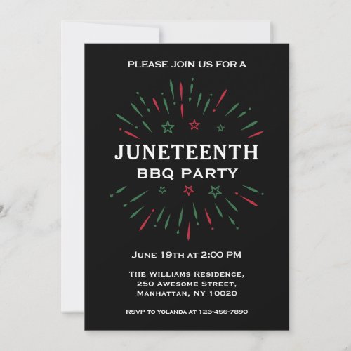 Black Red Green Fireworks Juneteenth BBQ Party Invitation