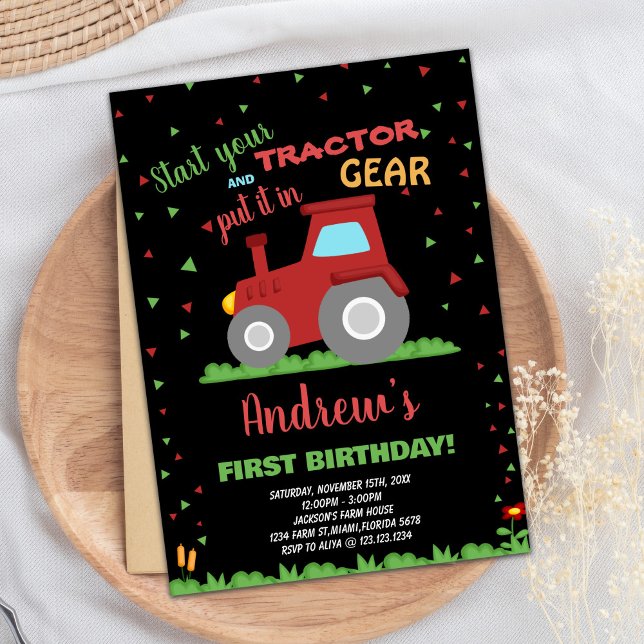 BLACK RED Green Grass Tractor Birthday Invitations (BLACK RED Green Grass Tractor Birthday Invitations)