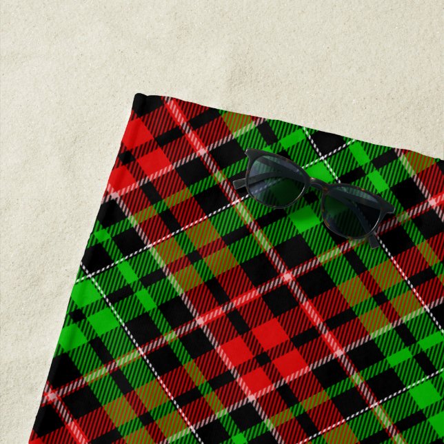 Black Red Green Plaid Tartan Design  Beach Towel (In Situ)