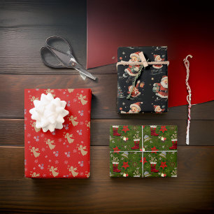 Black Red Green Santa Angels Poinsettia Wrapping Paper Sheets