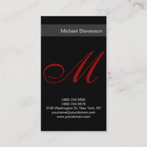 Black Red Grey Script Monogram Business Card