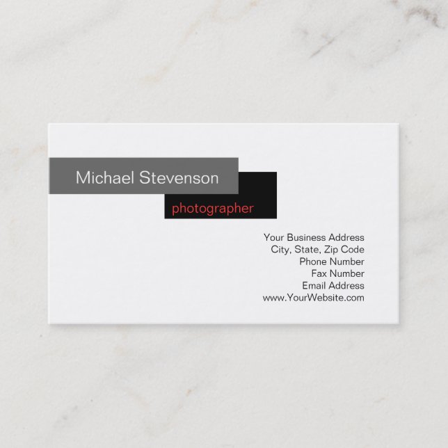 Black Red Grey White Photography Business Card (Front)