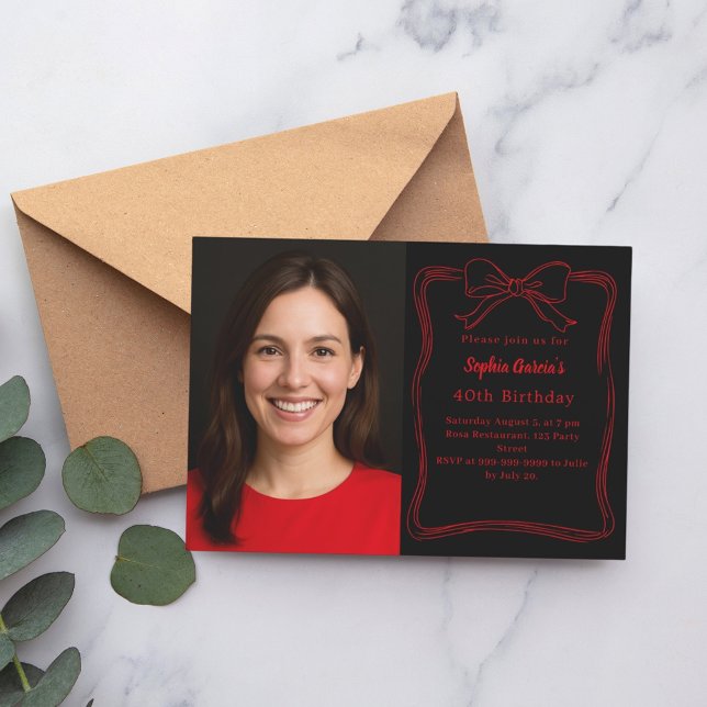 Black red hand-drawn bow photo birthday invitation (Creator Uploaded)