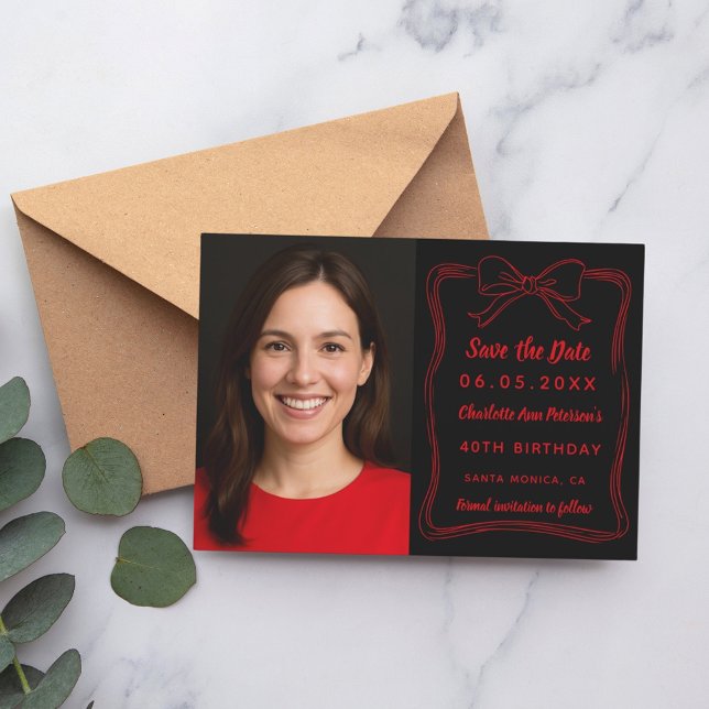 Black red hand-drawn bow photo birthday save the date (Creator Uploaded)