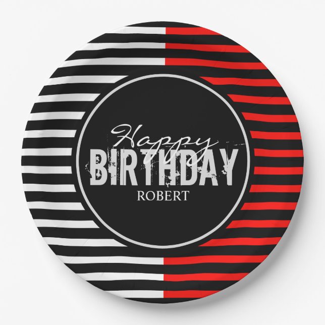 Black & Red Happy Birthday Paper Plates (Front)