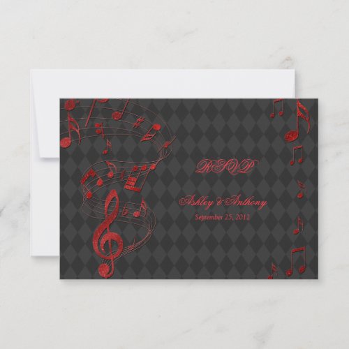 Black Red Harlequin Music Notes Wedding RSVP card Custom Announcements