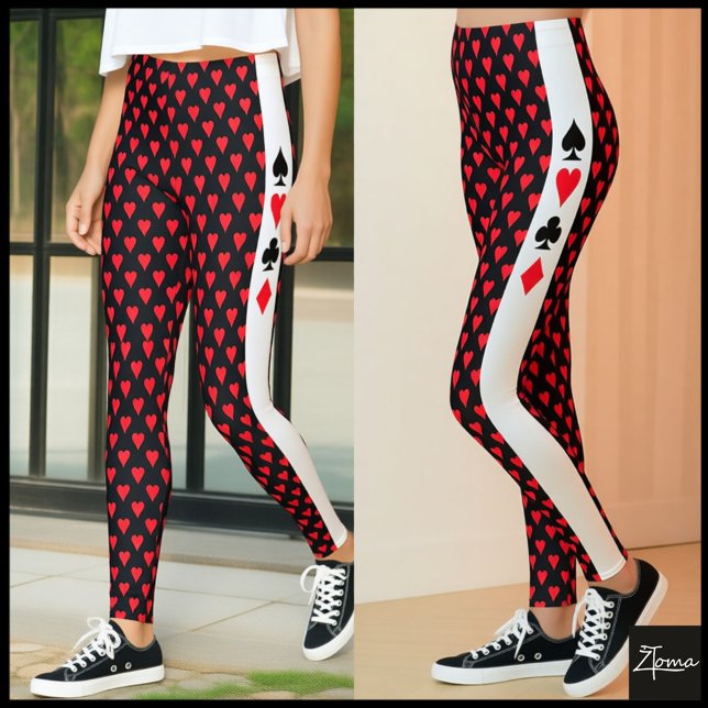 Black Red Heart Card Suit Split Pattern Leggings (Creator Uploaded)