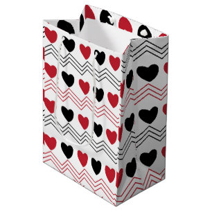 Black Red Hearts Chevron Stripe Pattern Medium Gift Bag