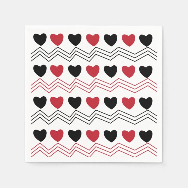 Black Red Hearts Chevron Stripe Pattern Party Napkins (Front)