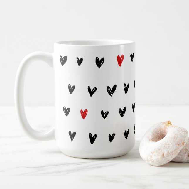 Black red hearts cute  coffee mug (With Donut)