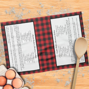 Black Red Holiday Gingham Plaid Family Recipe  Kitchen Towel