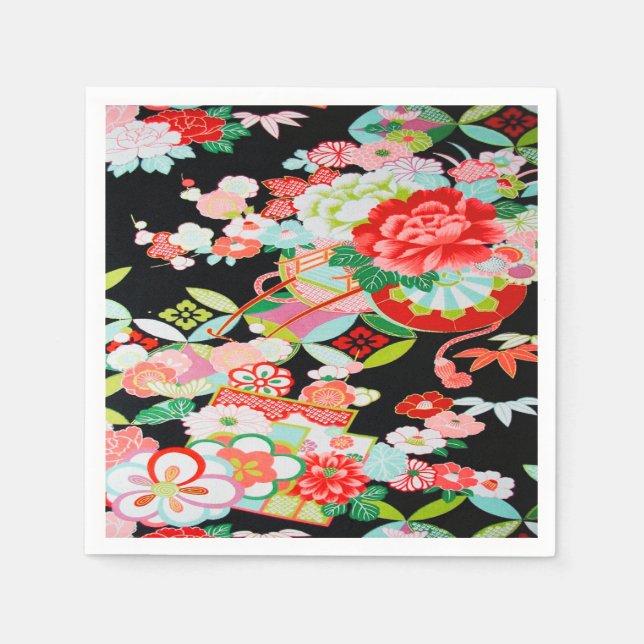 Black Red Japanese Kimono Floral Decoupage Paper Napkins (Front)