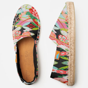 Black Red Japanese Kimono Floral Flower Womens Espadrilles