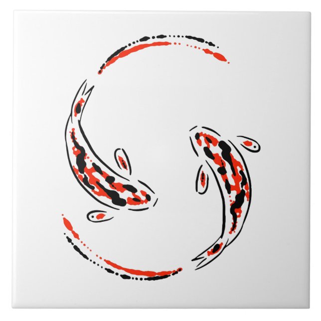 Black & Red Japanese Koi Fish Artistic Ceramic Tile (Front)