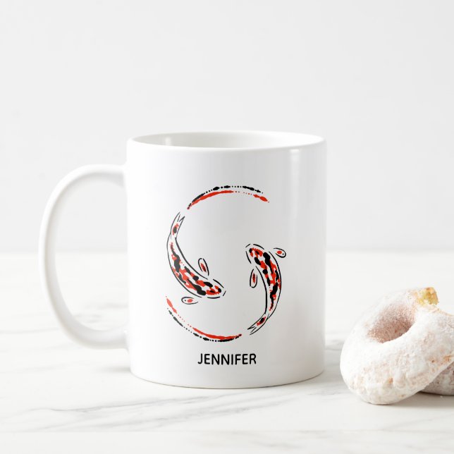 Black & Red Japanese Koi Fish Artistic Coffee Mug (With Donut)