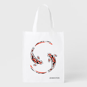 Black & Red Japanese Koi Fish Artistic Grocery Bag