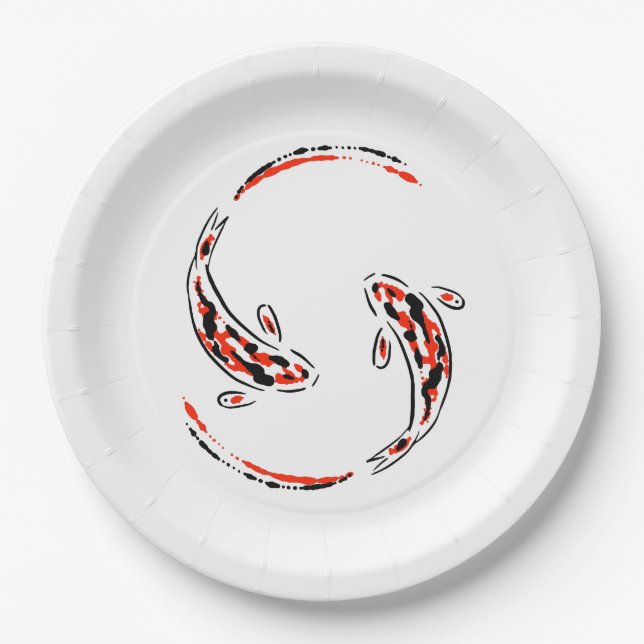 Black & Red Japanese Koi Fish Artistic Paper Plates (Front)