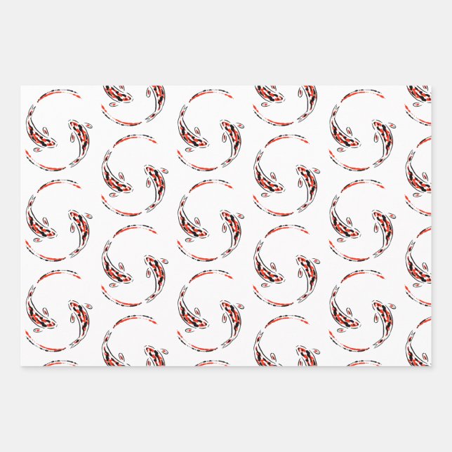 Black & Red Japanese Koi Fish Artistic Pattern Wrapping Paper Sheets (Front)