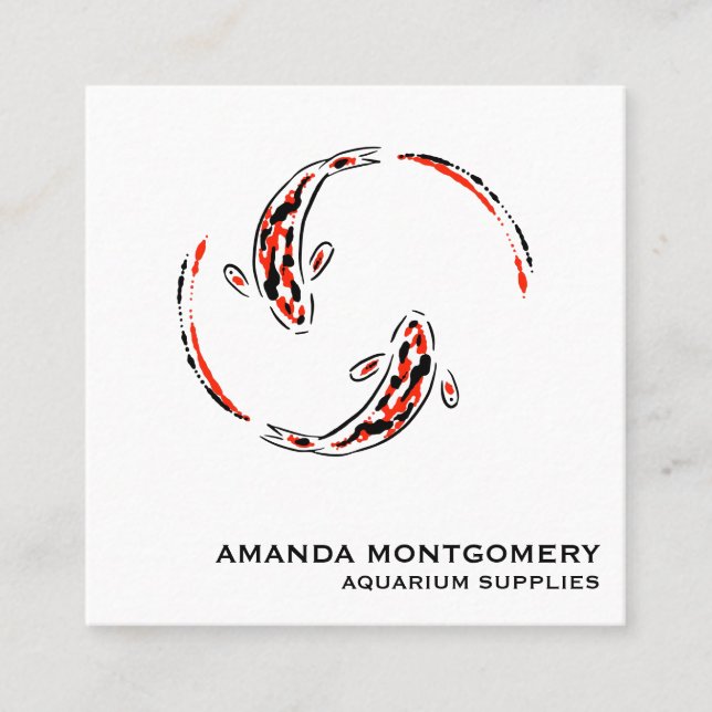 Black & Red Japanese Koi Fish Artistic Square Business Card (Front)