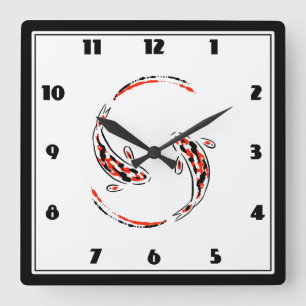 Black & Red Japanese Koi Fish Artistic Square Wall Clock