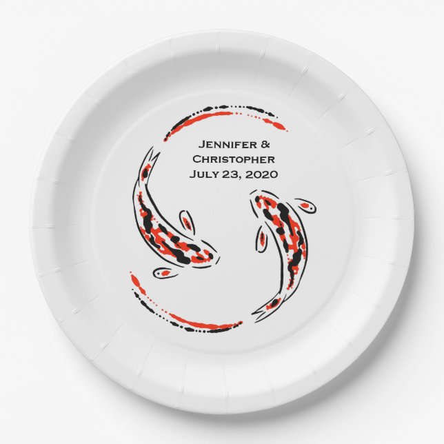 Black & Red Japanese Koi Fish Artistic Wedding Paper Plates (Front)