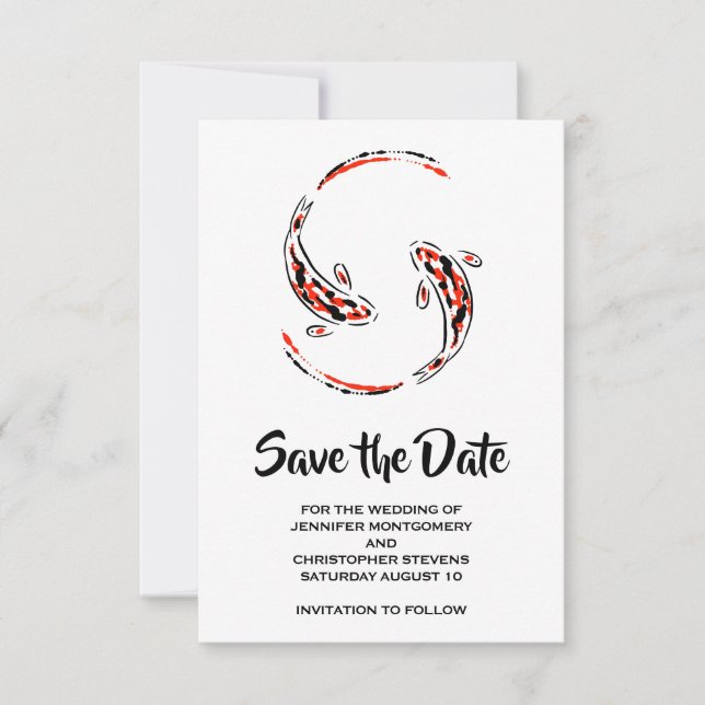 Black & Red Japanese Koi Fish Pair Save The Date (Front)