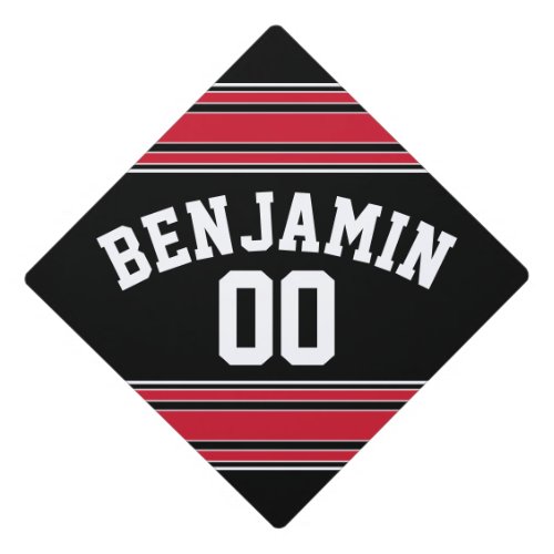 Black Red Jersey Stripe Name CHANGE COLOR Graduation Cap Topper