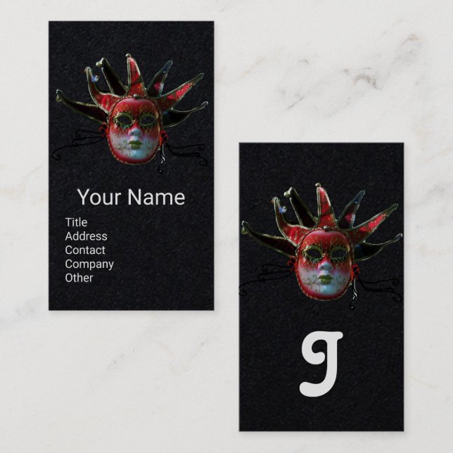 BLACK RED JESTER MASK,Masquerade Party Black Paper Business Card (Front/Back)