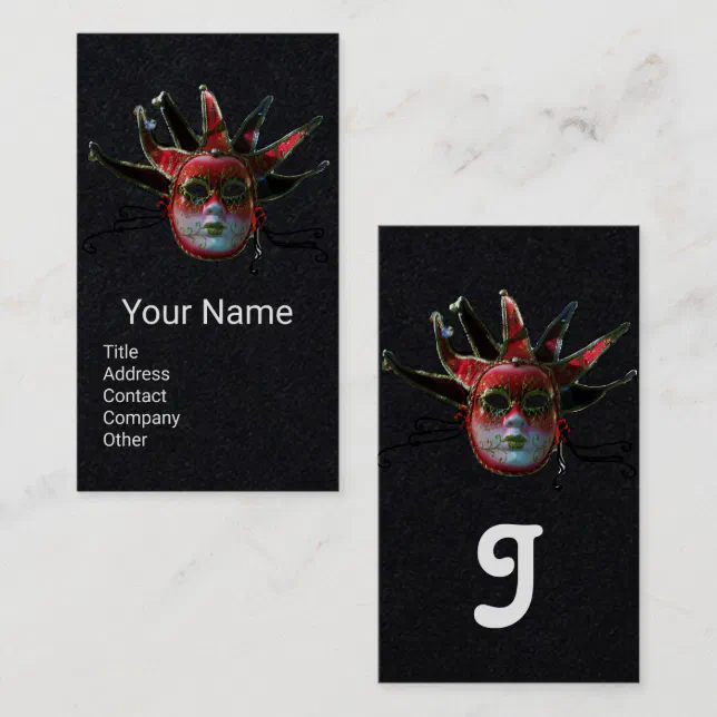BLACK RED JESTER MASK,Masquerade Party Black Paper Business Card | Zazzle