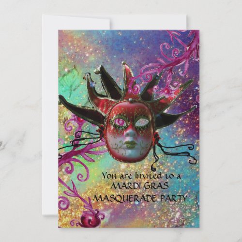 BLACK RED JESTER MASK Masquerade Party Blue Gold Invitation
