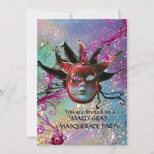 BLACK  RED JESTER MASK Masquerade Party Blue Invitation