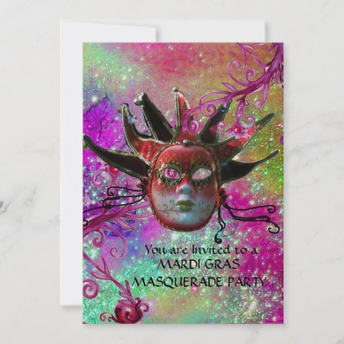 BLACK  RED JESTER MASK Masquerade Party Champagne Invitation