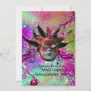 BLACK RED JESTER MASK ,Masquerade Party Gold Invitation