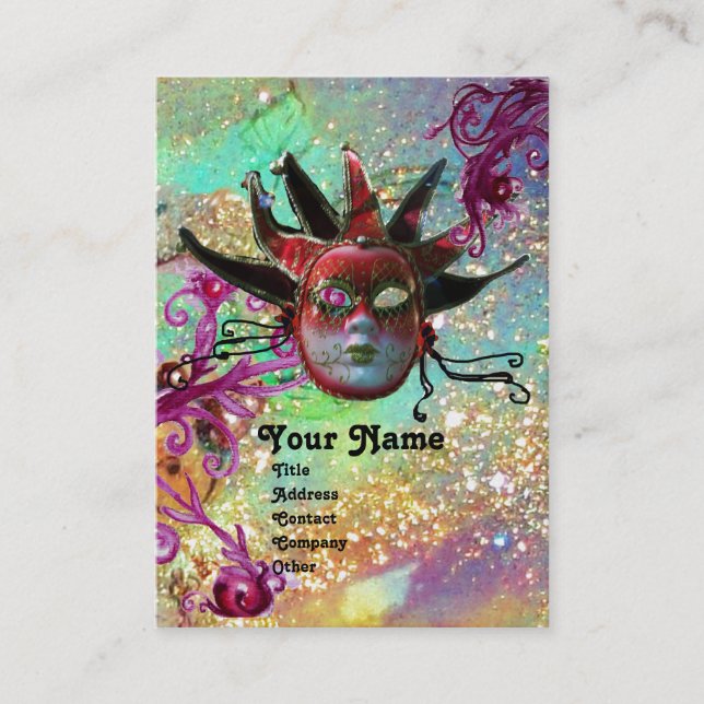 BLACK RED JESTER MASK Masquerade Party Green Gold Business Card (Front)