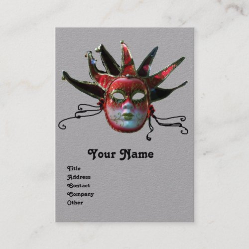 BLACK RED JESTER MASK Masquerade Party Grey Business Card
