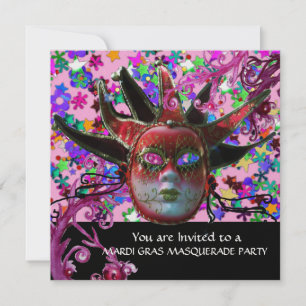 BLACK RED JESTER MASK ,Masquerade Party Ice Metal Invitation