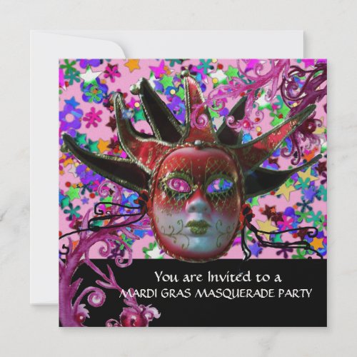 BLACK  RED JESTER MASK Masquerade Party Ice Metal Invitation