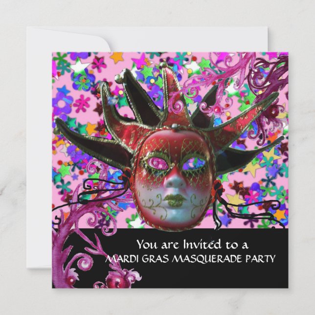BLACK RED JESTER MASK ,Masquerade Party Invitation (Front)