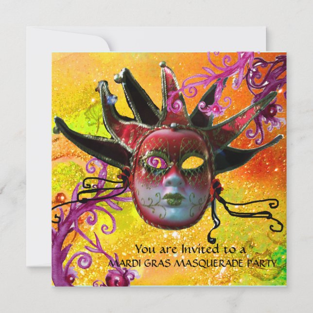 BLACK  RED JESTER MASK ,Masquerade Party Invitation (Front)