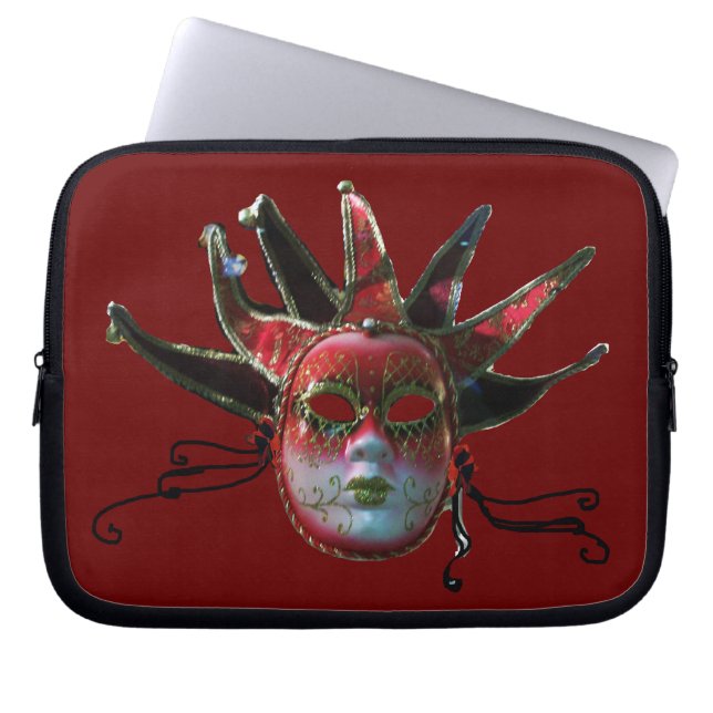 BLACK  RED JESTER MASK ,Masquerade Party Laptop Sleeve (Front)