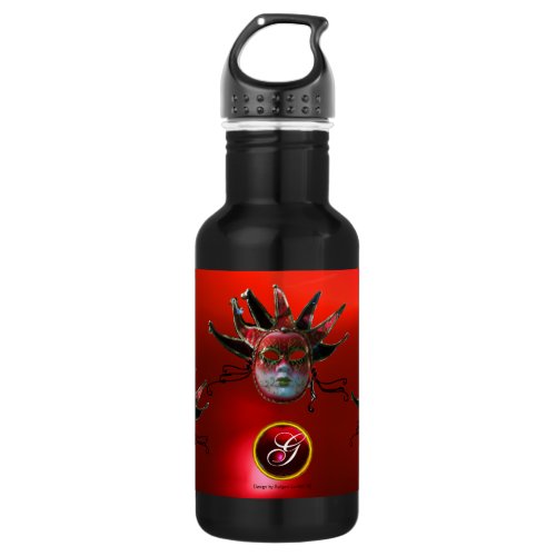 BLACK  RED JESTER MASK Masquerade Party Monogram Stainless Steel Water Bottle