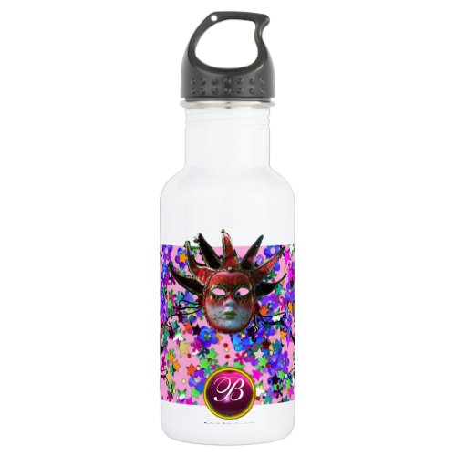 BLACK  RED JESTER MASK Masquerade Party Monogram Stainless Steel Water Bottle