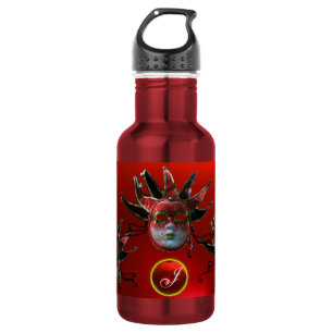 BLACK RED JESTER MASK ,Masquerade Party Monogram Stainless Steel Water Bottle