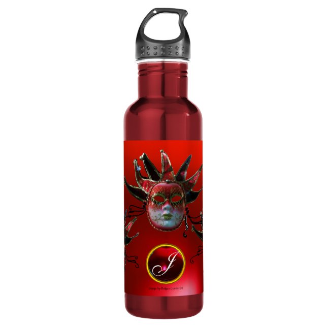 BLACK  RED JESTER MASK ,Masquerade Party Monogram Water Bottle (Front)