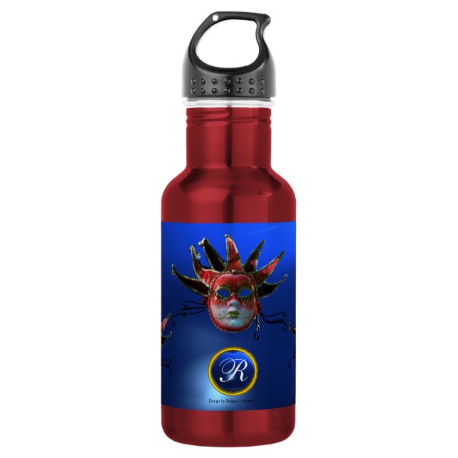 BLACK  RED JESTER MASK ,Masquerade Party Monogram Water Bottle (Front)