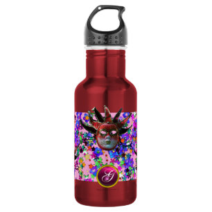 BLACK RED JESTER MASK ,Masquerade Party Monogram Water Bottle