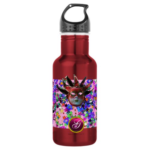 BLACK  RED JESTER MASK Masquerade Party Monogram Water Bottle